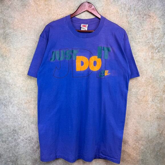 Vintage 80s Nike T Shirt Sz XL Blue Just Do It Logo Gray Tag USA Made Retro - Picture 1 of 8